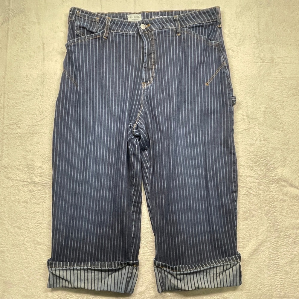 Anthropologie Pilcro The Kayden Jeans Women 16W Blue Pinstripe Cuffed Barrel Leg